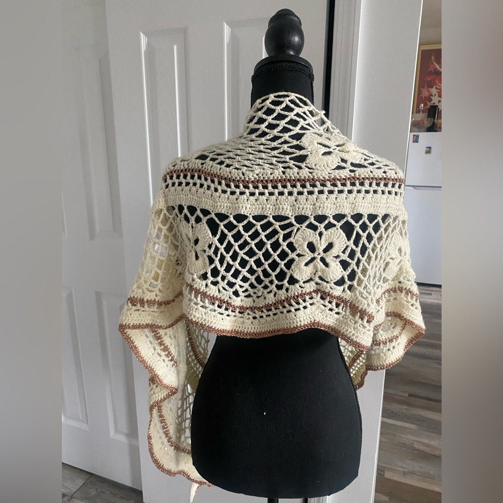 Cream Crochet shawl with gold trim- purchased from Pieces boutique in Amsterdam